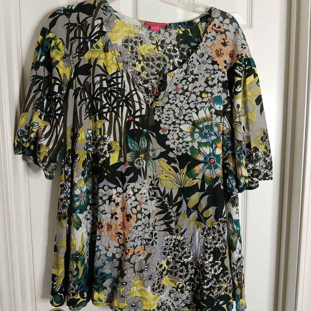 Mystery 100% Cotton Beaded Floral V-Neck Women's Gauzy Lightweight Top SZ Medium